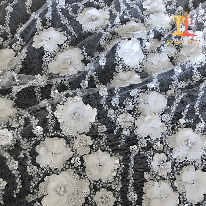 High quality 100% polyester hand made craft 3D fancy embroidery luxury heavy beaded & sequined bridal lace fabric XM-BF0735