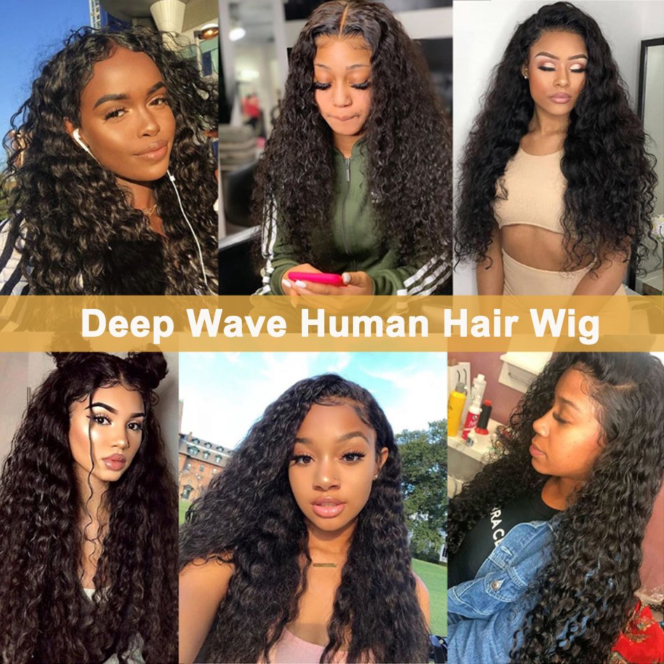High Density Natural Black Color Deep Wave Curly Raw Human Hair Lace Front Wig Pre Plucked Transparent Lace 13x4 Frontal Wigs