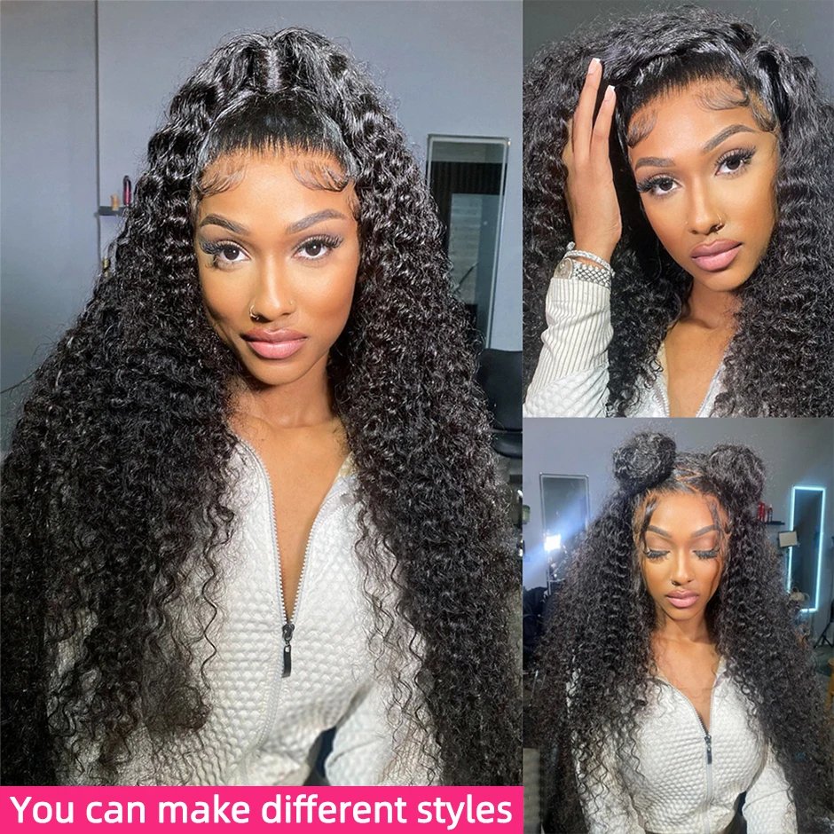 High Density Natural Black Color Deep Wave Curly Raw Human Hair Lace Front Wig Pre Plucked Transparent Lace 13x4 Frontal Wigs