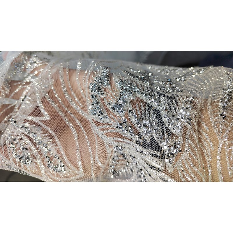 Glitter Sequin Beaded Fabric with Beaded Flowers Embroidery Tulle Fabric Stretch Lace Fabric