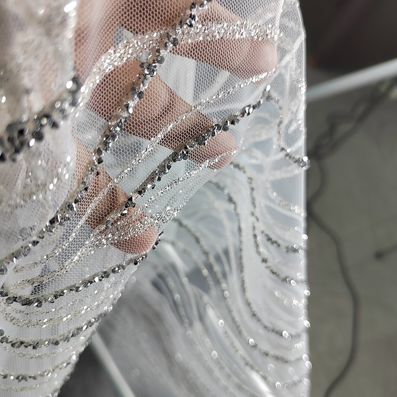 Glitter Sequin Beaded Fabric with Beaded Flowers Embroidery Tulle Fabric Stretch Lace Fabric