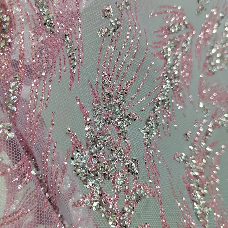 Glitter Sequin Beaded Fabric with Beaded Flowers Embroidery Tulle Fabric Stretch Lace Fabric