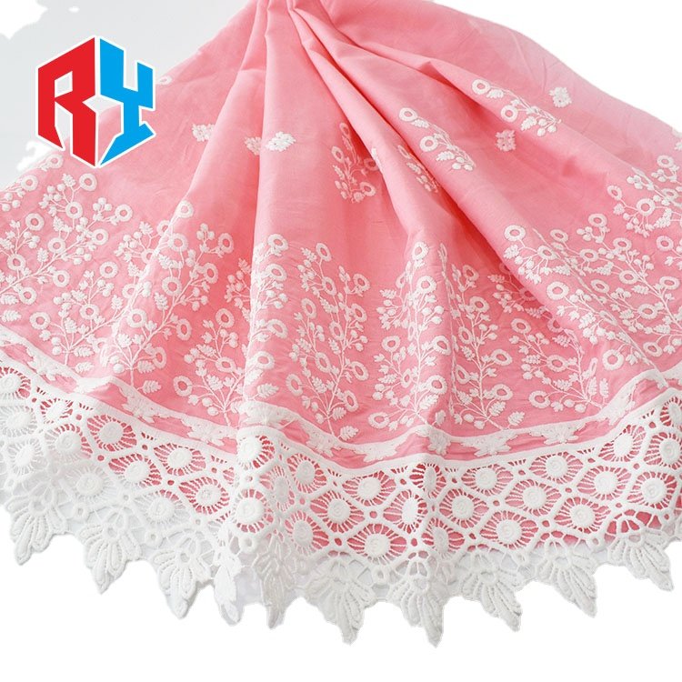 Factory Price 100% Cotton Embroidery Fabric Pink Floral Guipure Party Wedding Dress Lace Fabric