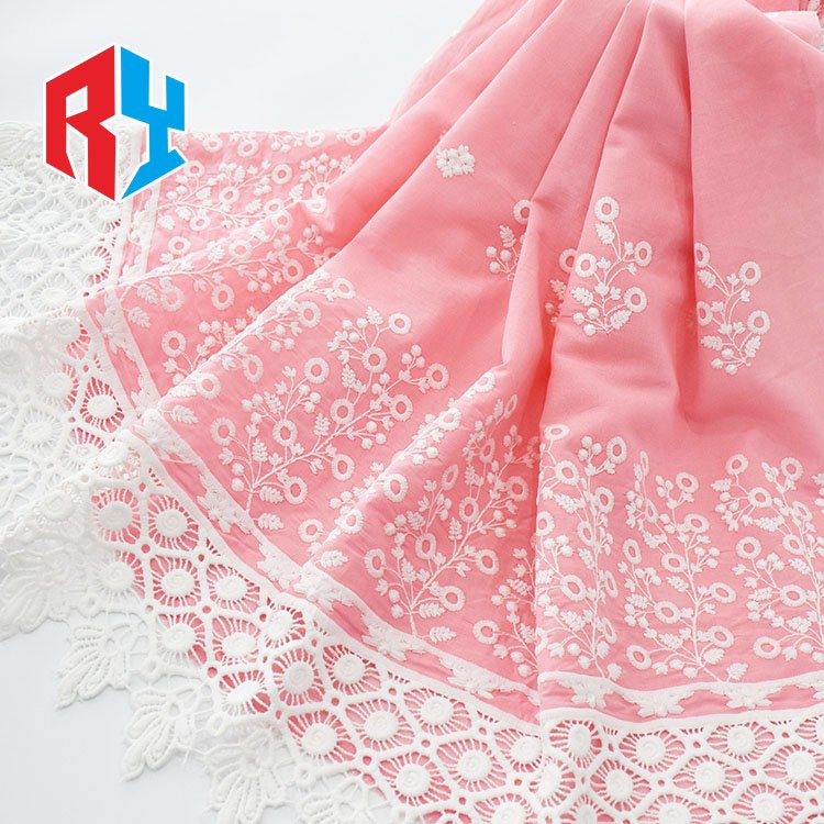 Factory Price 100% Cotton Embroidery Fabric Pink Floral Guipure Party Wedding Dress Lace Fabric