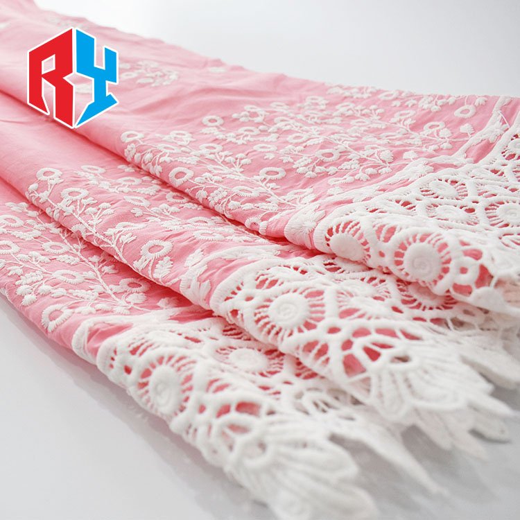 Factory Price 100% Cotton Embroidery Fabric Pink Floral Guipure Party Wedding Dress Lace Fabric