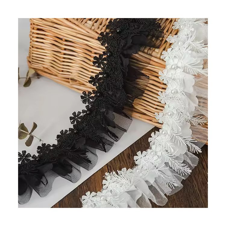 Width 6cm Black White Accessories Embroidery Decoration Lace Embroidery Fabric 100% Polyester Sustainable Embroidered