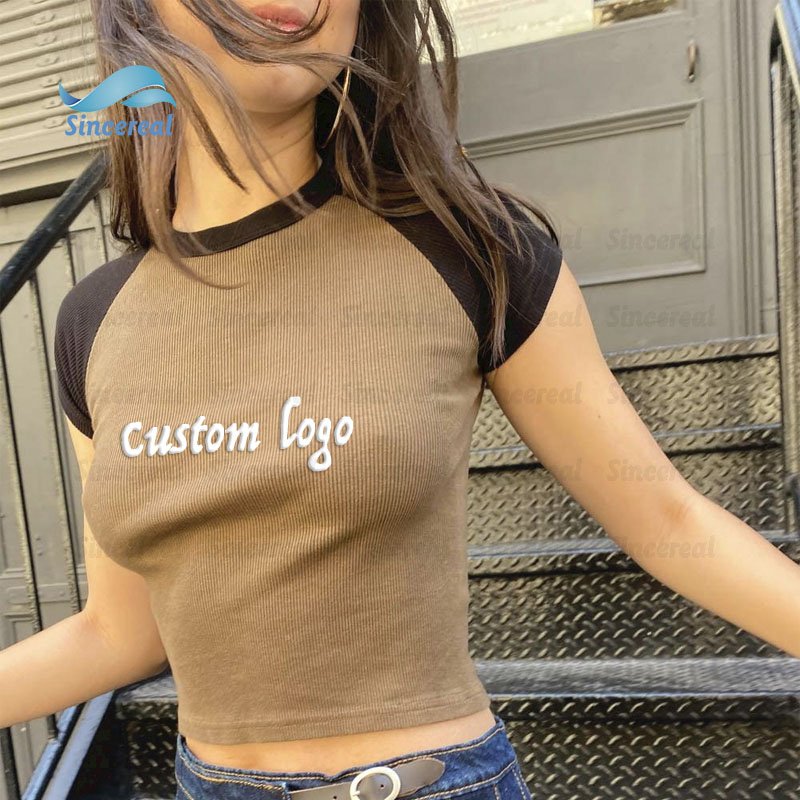 Custom summer Rhinestone Logo y2k girl Crop baby tee slim fit baby tee t-shirt Short Sleeve Cotton Crop Top for Women