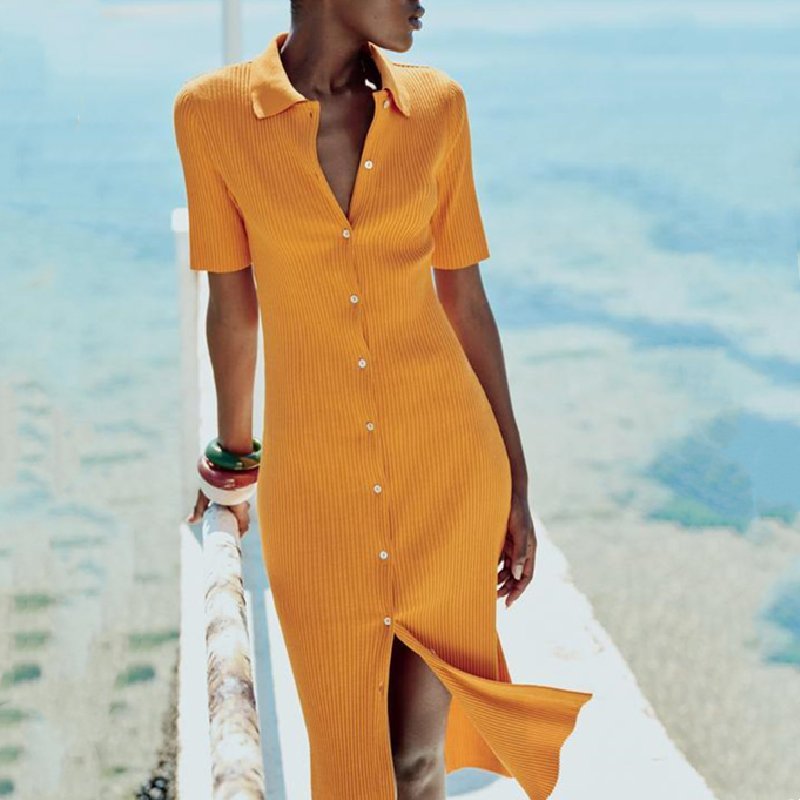 KAR&OT ZA 2024 women's autumn new fashion temperament slim fit button ribbed lapel short-sleeved dress 0085633