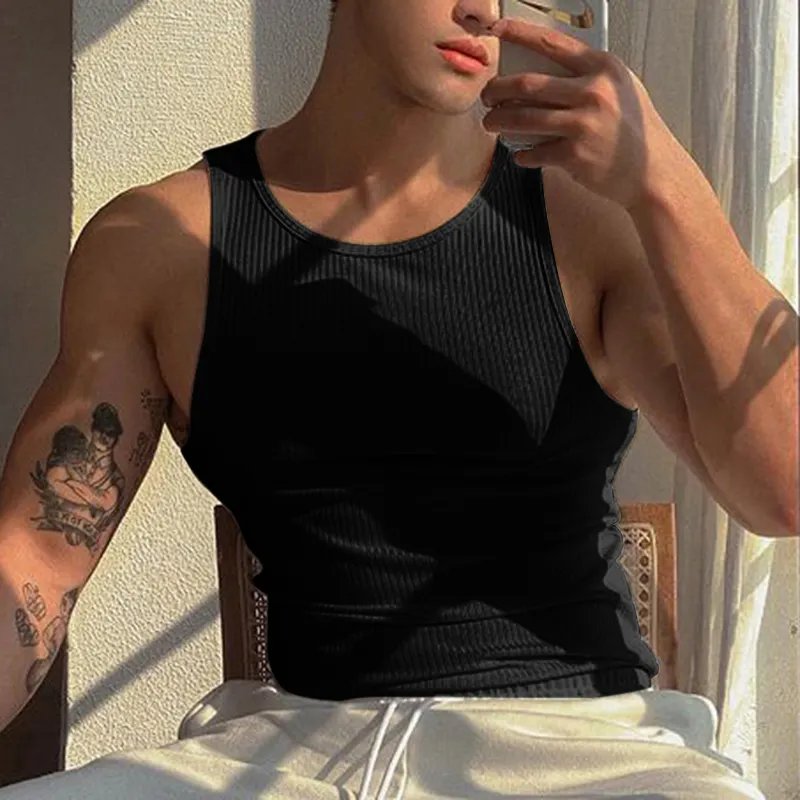 Summer Mens Tank Tops Sleeveless Men Solid Fitness Tank Top Man Ribbed Threaded Sport Bottom Top Fashion