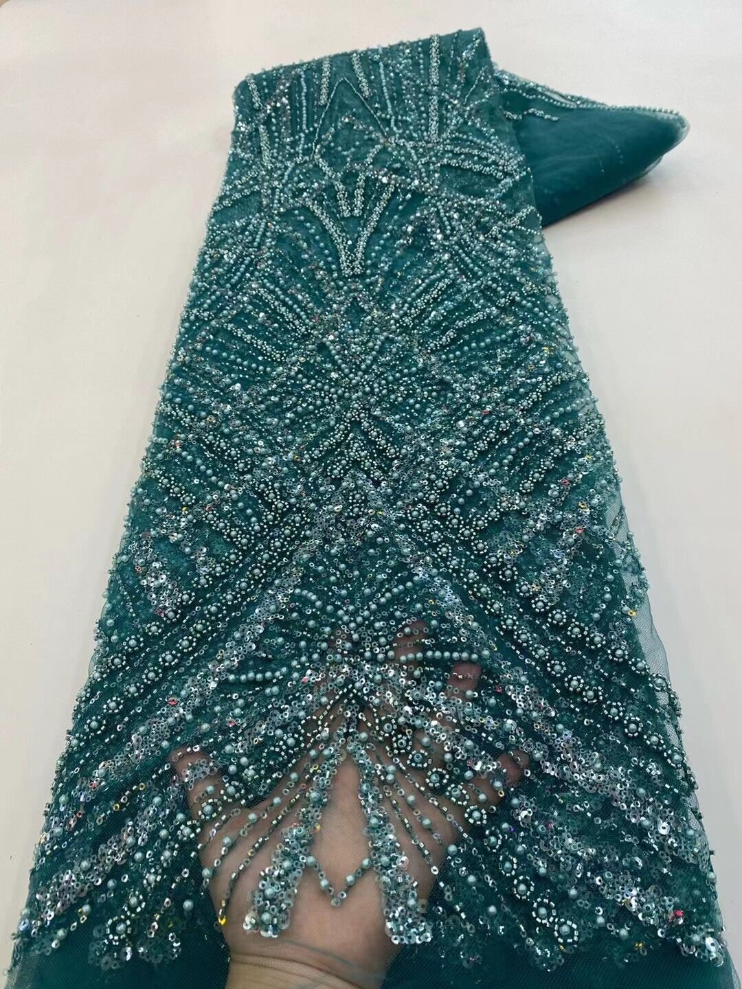 NI.AI High-End Handmade Beaded Lace Fabric deep green color Embroidery French Lace Wedding Dress Embroidered Aqua Tulle Fabric