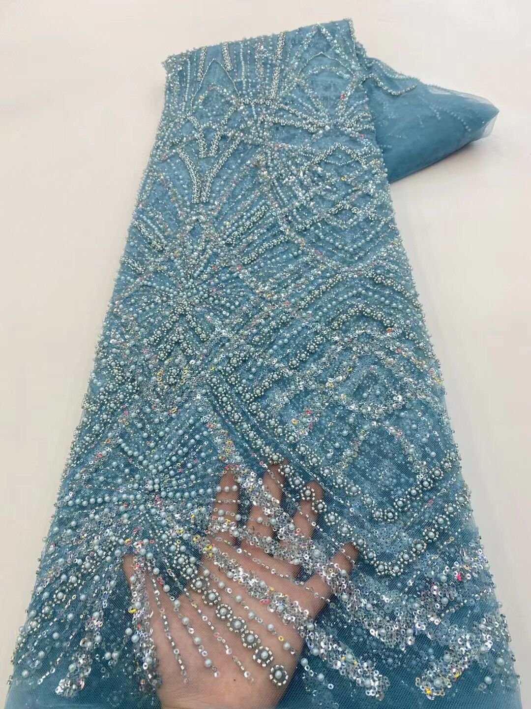 NI.AI High-End Handmade Beaded Lace Fabric deep green color Embroidery French Lace Wedding Dress Embroidered Aqua Tulle Fabric
