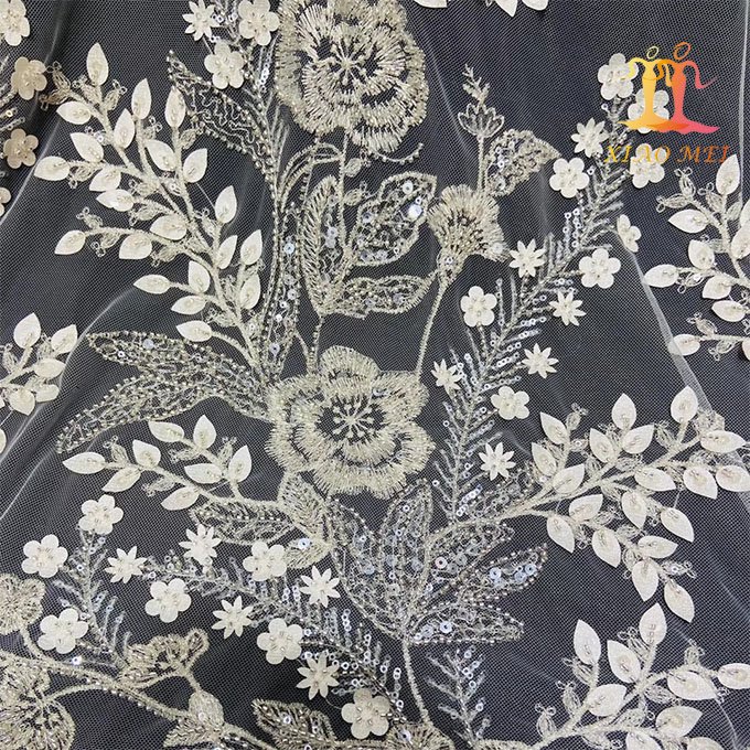Wholesale cheap sliver thread 3d floral embroidery beaded & sequins embroidery tulle lace fabric for dress
