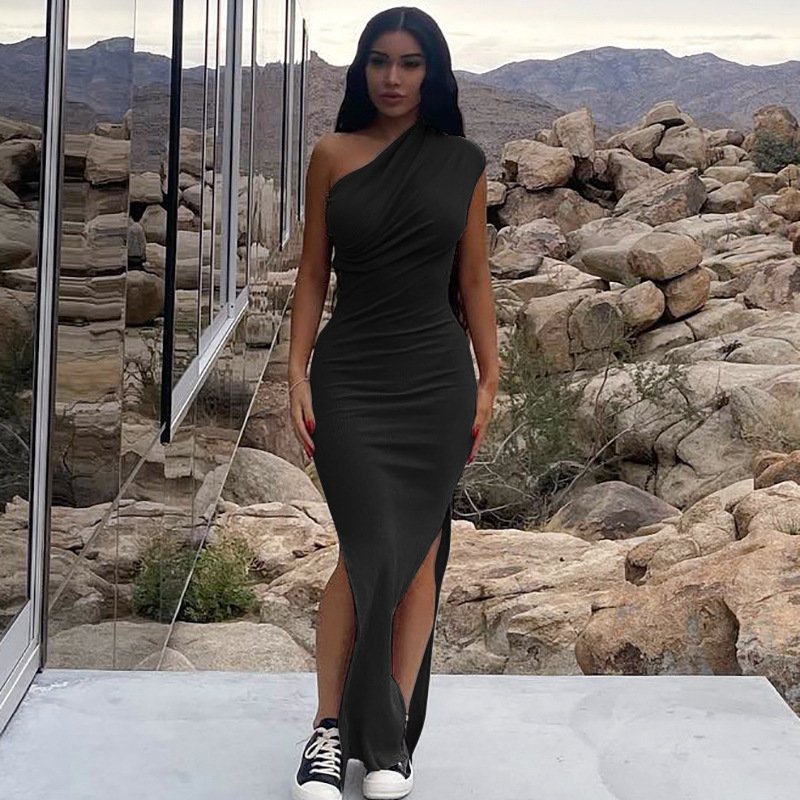 Wholesale Oblique Shoulder Long Bodycon Dress Plain Color Rib Slit Stacked Trends Clothing One Shoulder Sleeveless Elegant Dress