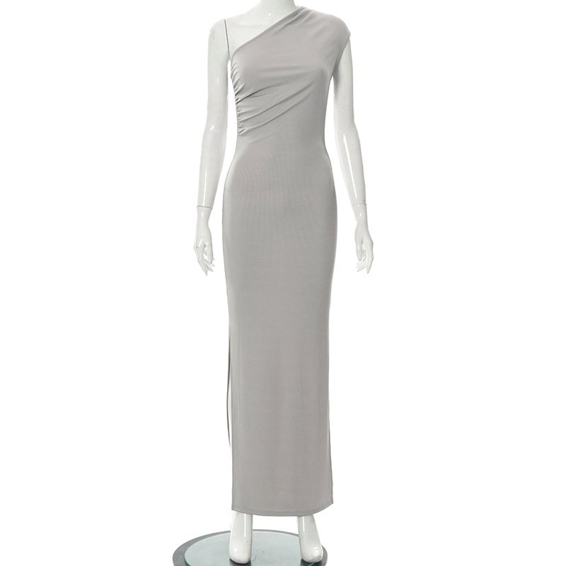 Wholesale Oblique Shoulder Long Bodycon Dress Plain Color Rib Slit Stacked Trends Clothing One Shoulder Sleeveless Elegant Dress