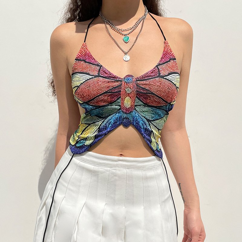 2022 hipster babes Y2K jeans top women backless Butterfly design denim vest halter lace-up top women crop top