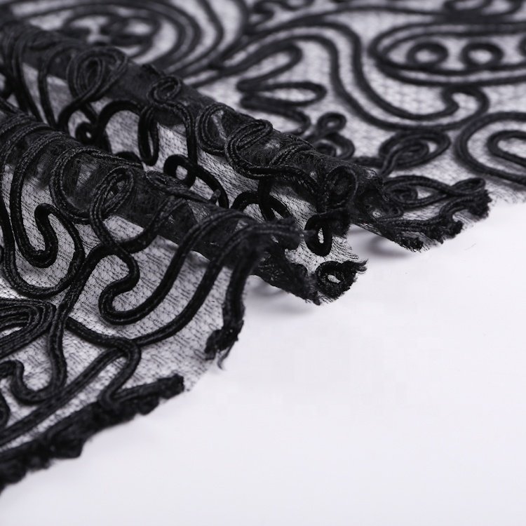 S-9273 Polyester black new design handwork ribbon cord embroidery lace tulle fabric for beach blouse S-9273