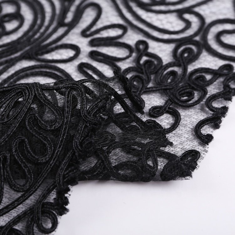 S-9273 Polyester black new design handwork ribbon cord embroidery lace tulle fabric for beach blouse S-9273