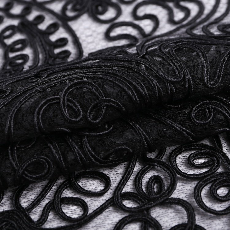 S-9273 Polyester black new design handwork ribbon cord embroidery lace tulle fabric for beach blouse S-9273