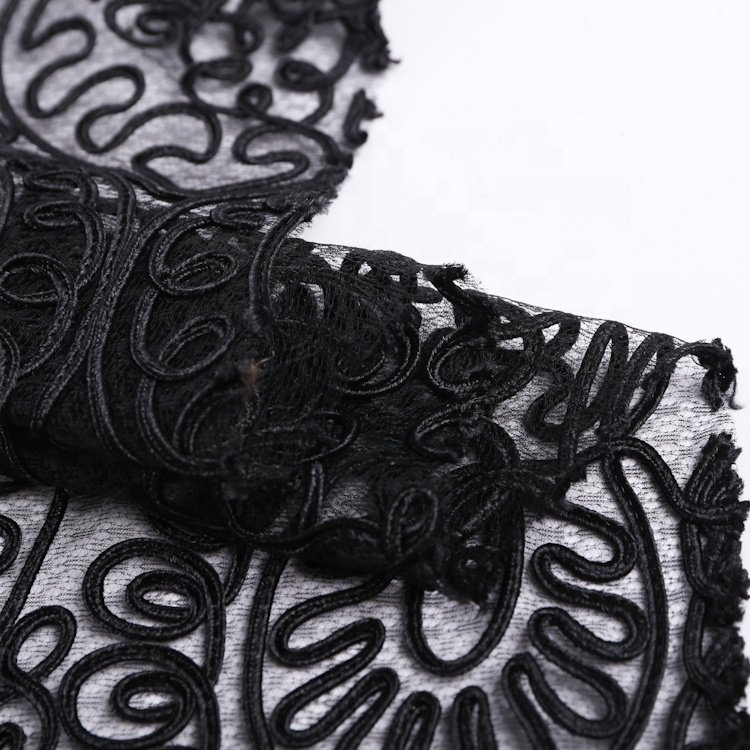 S-9273 Polyester black new design handwork ribbon cord embroidery lace tulle fabric for beach blouse S-9273