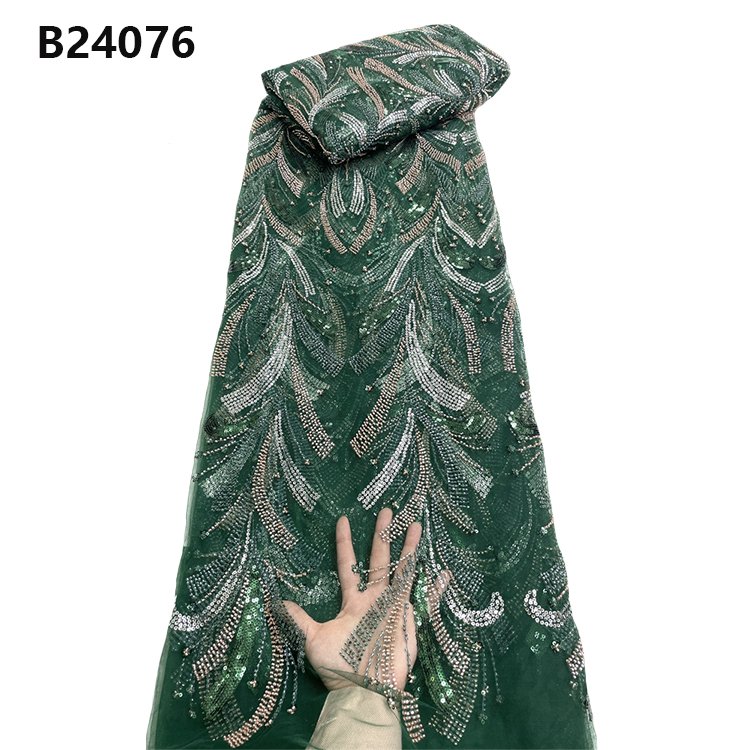 CHOCOO wholesale glitter beaded french lace fabric dark green embroidery tulle lace fabric for women dress making