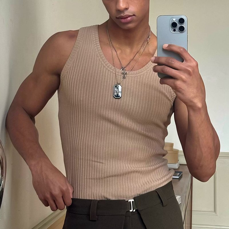 High Quality Heavy Weight Wide Ribbed Vest Men Slim Muscle Fit Tank Top Gym Casual Street Tank Top