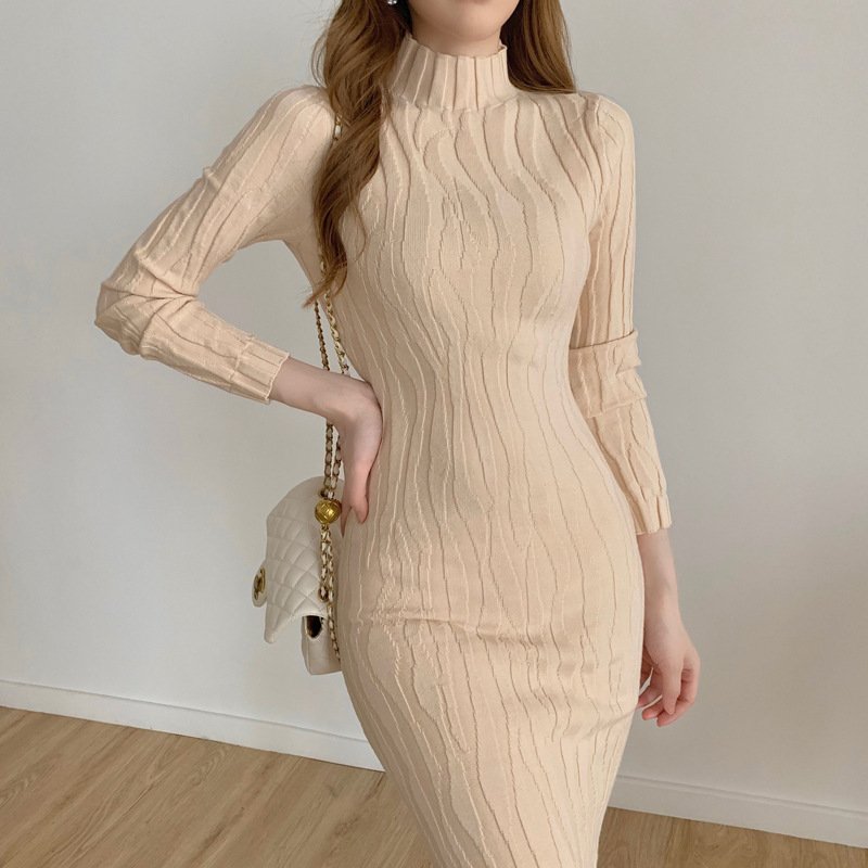 Wholesale Rib Knit Turtleneck Maxi Dress Winter Pleated dress Sweater Dress women