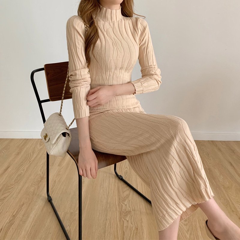 Wholesale Rib Knit Turtleneck Maxi Dress Winter Pleated dress Sweater Dress women
