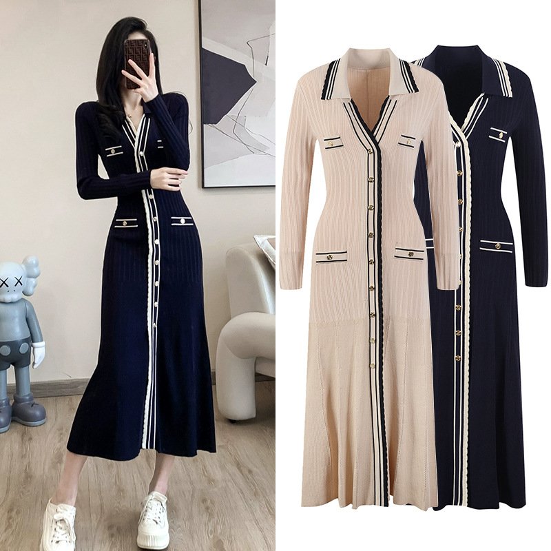 Luxury Button Black Cotton Cashmere Wool Fall V Neck Sweaters Dresses Women's Long Sleeve Bodycon Rib Knit Dress