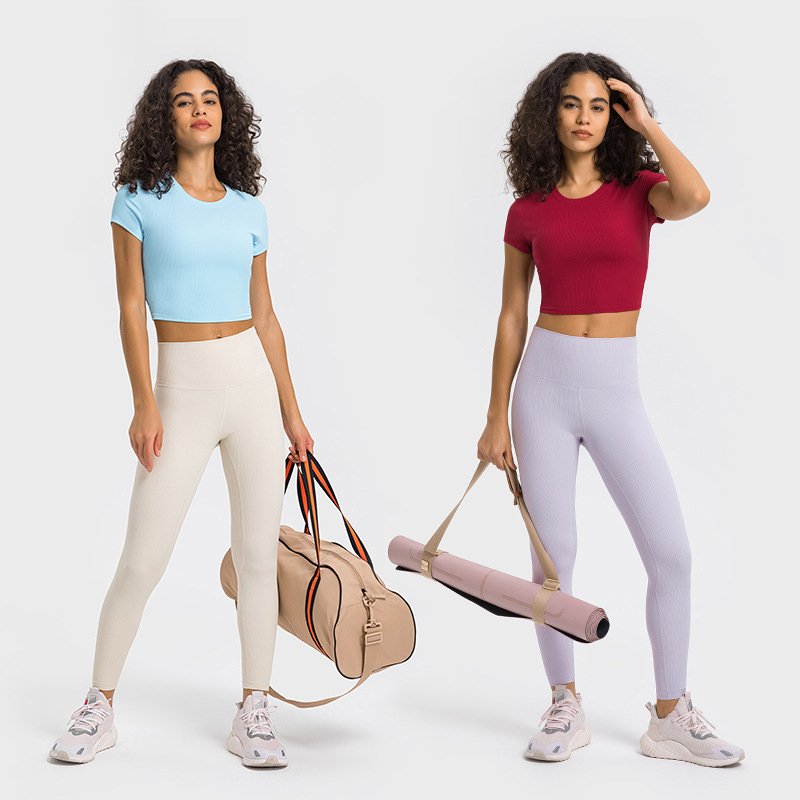Women New Workout Tee High Stretch Fitness Yoga Wear Running Exercise Top Round Neck Slim Fit Rib Crop Short Sleeve T-shirt