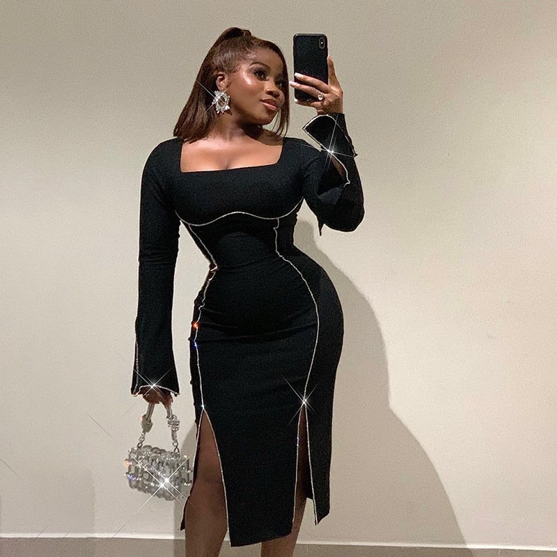 wholesale black long sleeve diamond midi dress casual knitted slit bodycon dresses women