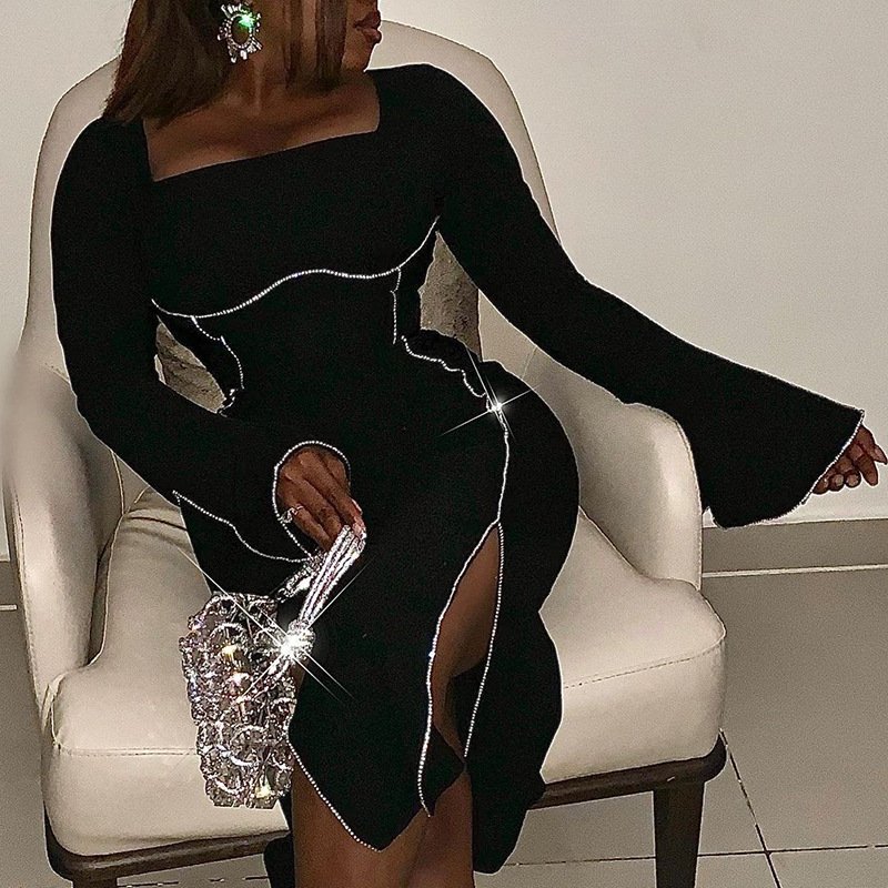 wholesale black long sleeve diamond midi dress casual knitted slit bodycon dresses women