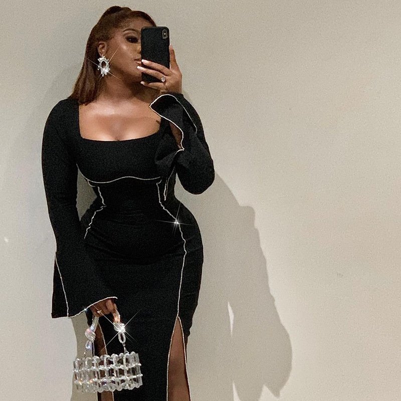 wholesale black long sleeve diamond midi dress casual knitted slit bodycon dresses women