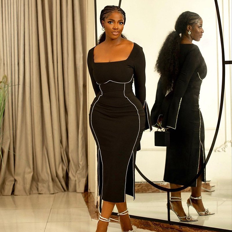 wholesale black long sleeve diamond midi dress casual knitted slit bodycon dresses women