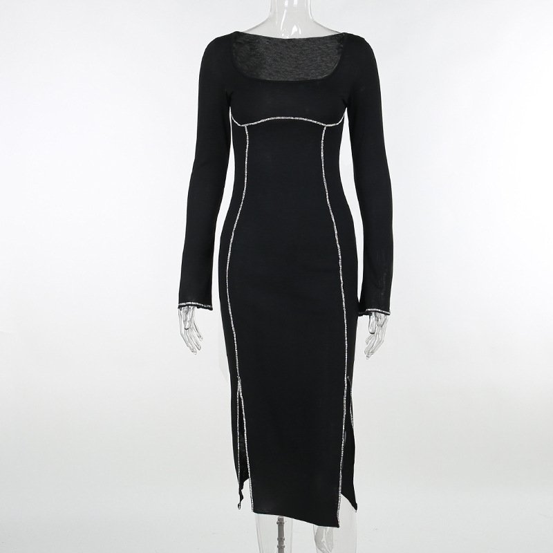 wholesale black long sleeve diamond midi dress casual knitted slit bodycon dresses women