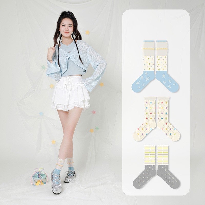 Thin Breathable Glass Wire Midtube Women Socks Ladies Sweet Bubble Ribbed Lace Pile Socks Calf socks
