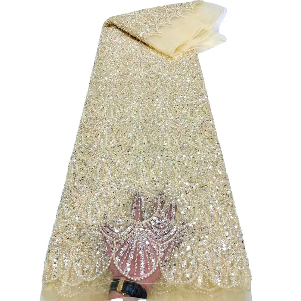 Luxury Lace Fabrics Nigerian African Wholesale Orange Sequin Embroidery Beads Lace Mesh Fabric Wedding For Dress