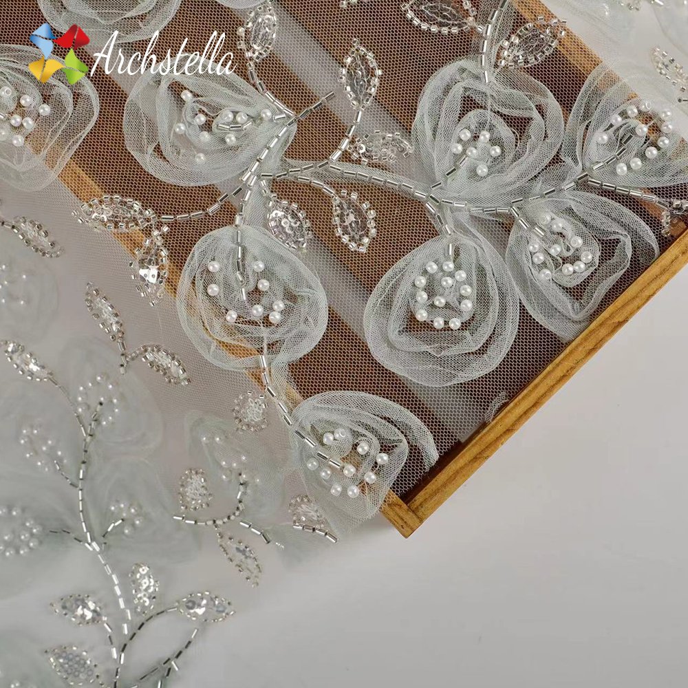 ARCHSTELLA 3D Flowers French Beaded Tulle Net Lace Fabric with Pearls for Party Dress