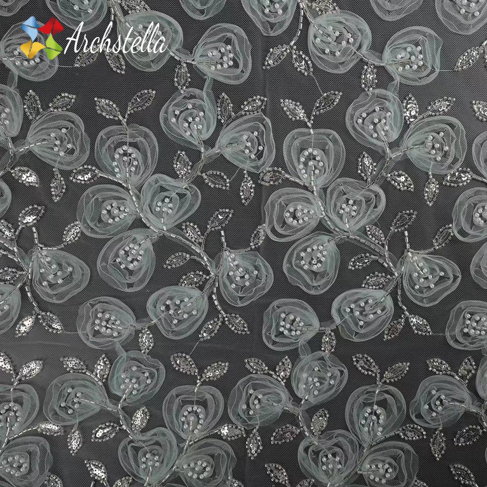 ARCHSTELLA 3D Flowers French Beaded Tulle Net Lace Fabric with Pearls for Party Dress