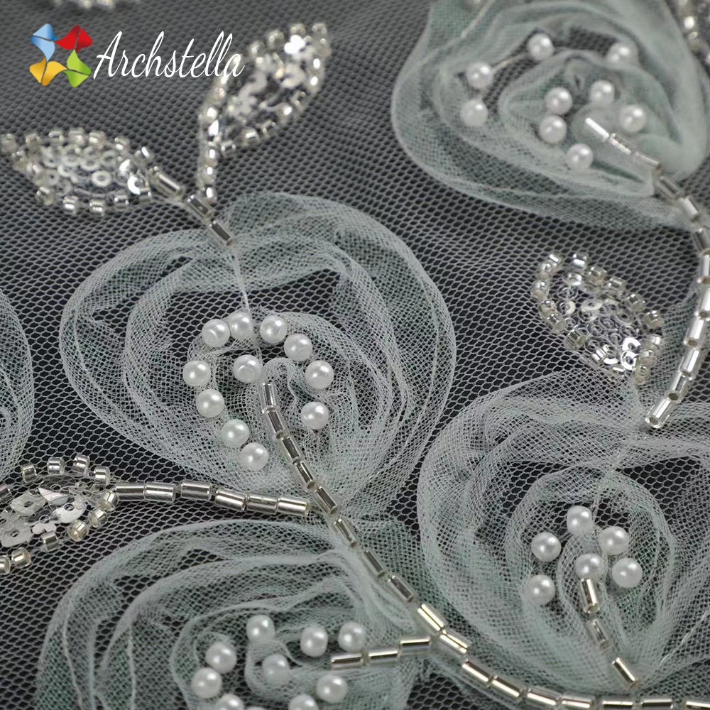 ARCHSTELLA 3D Flowers French Beaded Tulle Net Lace Fabric with Pearls for Party Dress