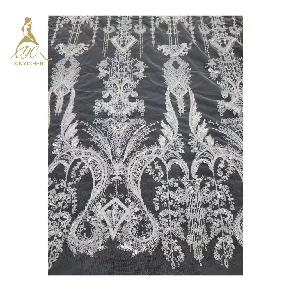 Hot Selling White Beaded Lace Fabric 3D Flower French Lace Handmade Wedding Beaded Lace Fabric