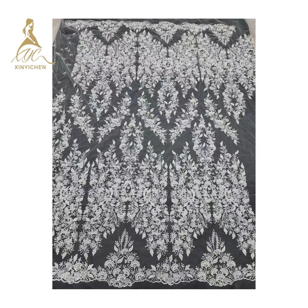 Hot Selling White Beaded Lace Fabric 3D Flower French Lace Handmade Wedding Beaded Lace Fabric