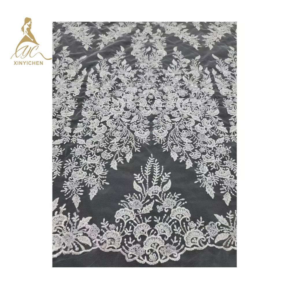 Hot Selling White Beaded Lace Fabric 3D Flower French Lace Handmade Wedding Beaded Lace Fabric
