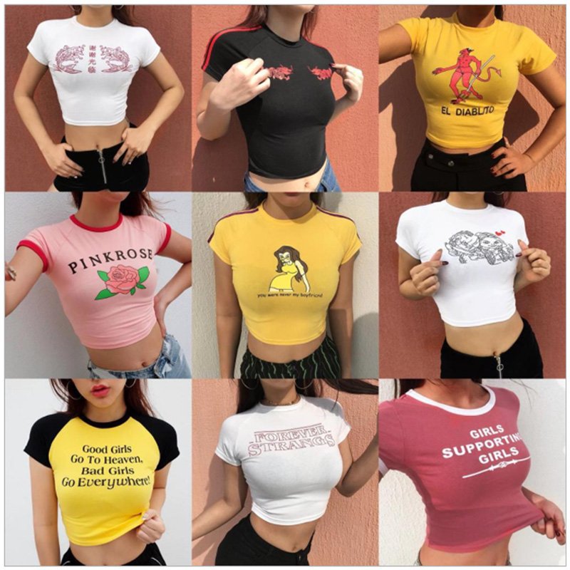 Ladies Black Cotton Spandex Jersey Crew Neck Crop Top Casual T Shirt Sexy Tops For Women