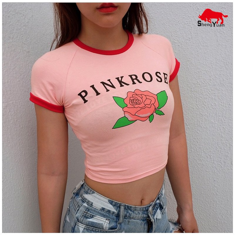 Ladies Black Cotton Spandex Jersey Crew Neck Crop Top Casual T Shirt Sexy Tops For Women