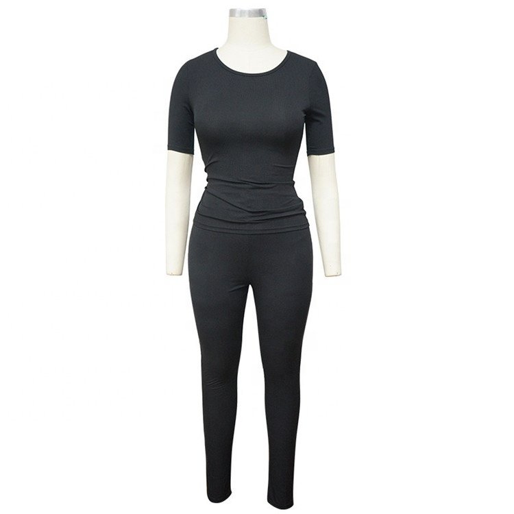 Custom LOGO Lounge Wear Women Clothing 2024 Solid Knitted Ribbed Two Piece Set Women Short Sleeves Skinny Pant Set