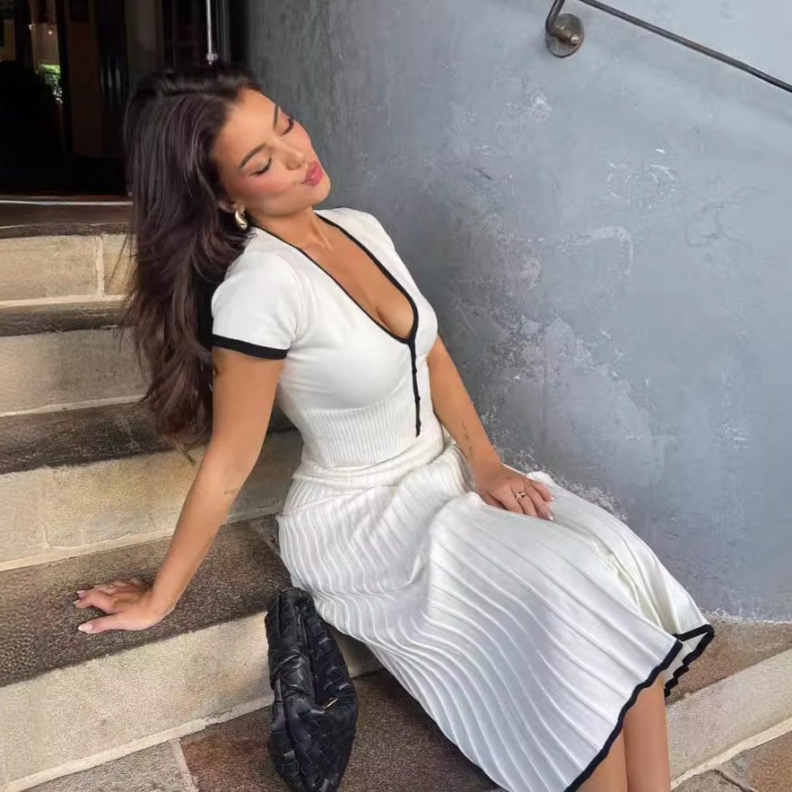 Button Lapel Slim Fit Knitted Women Short Sleeve Turn-down Collar Sweater Dress Button Rib Slim A Skirt Elegant Maxi Dress 2834