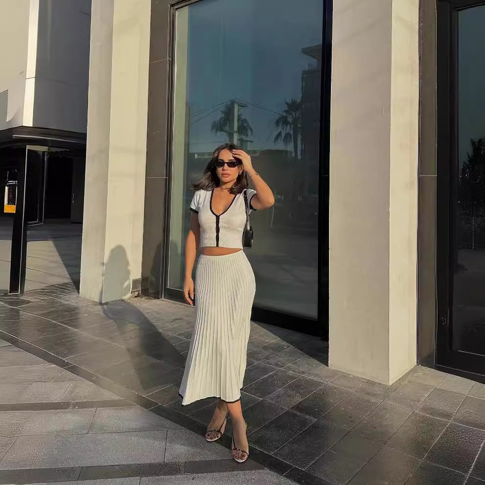 Button Lapel Slim Fit Knitted Women Short Sleeve Turn-down Collar Sweater Dress Button Rib Slim A Skirt Elegant Maxi Dress 2834