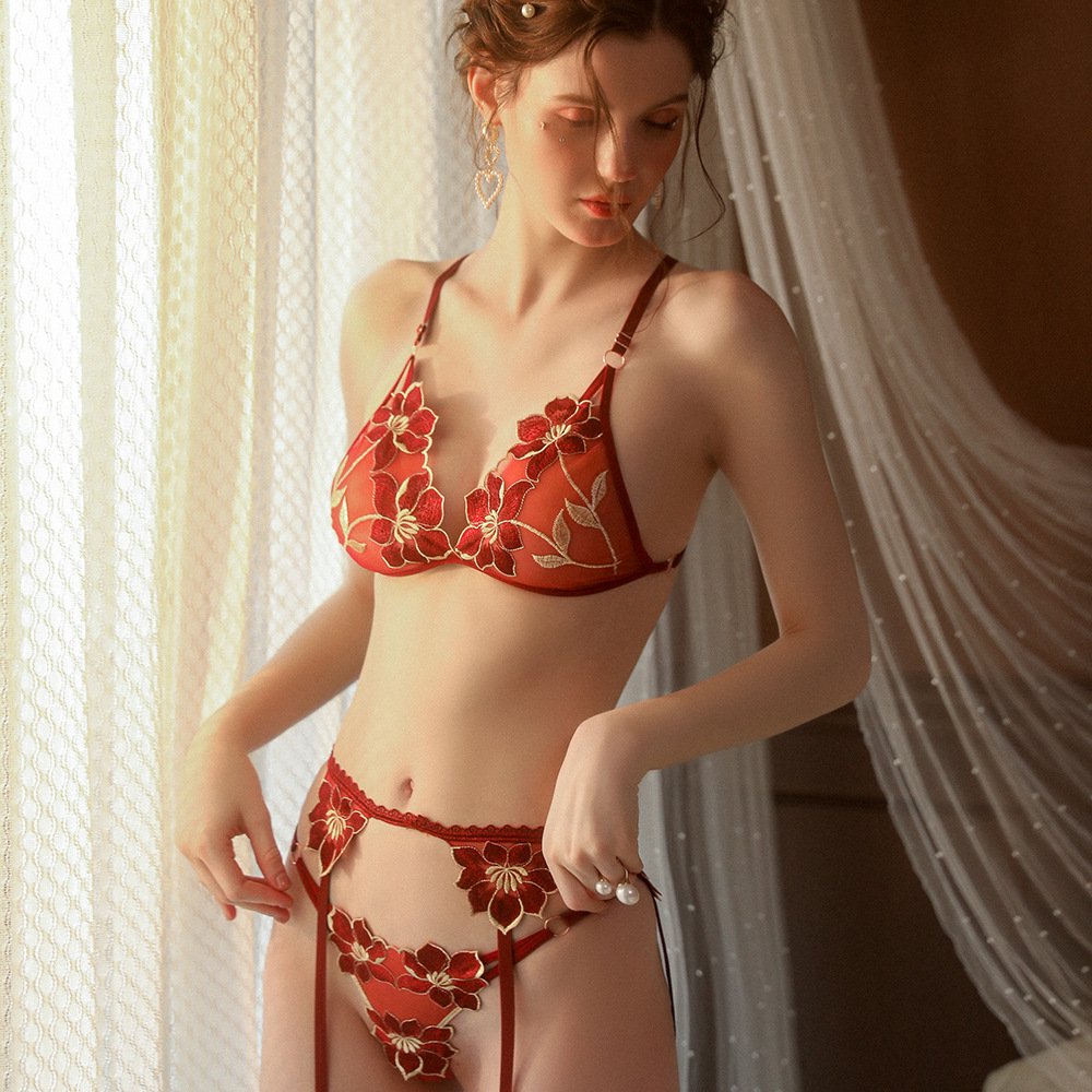 Erotic Hot Sheer Embroidered Bra Passion Seduction Sexy Panties Garters 2 Piece Lace Open Crotch Lingerie Set