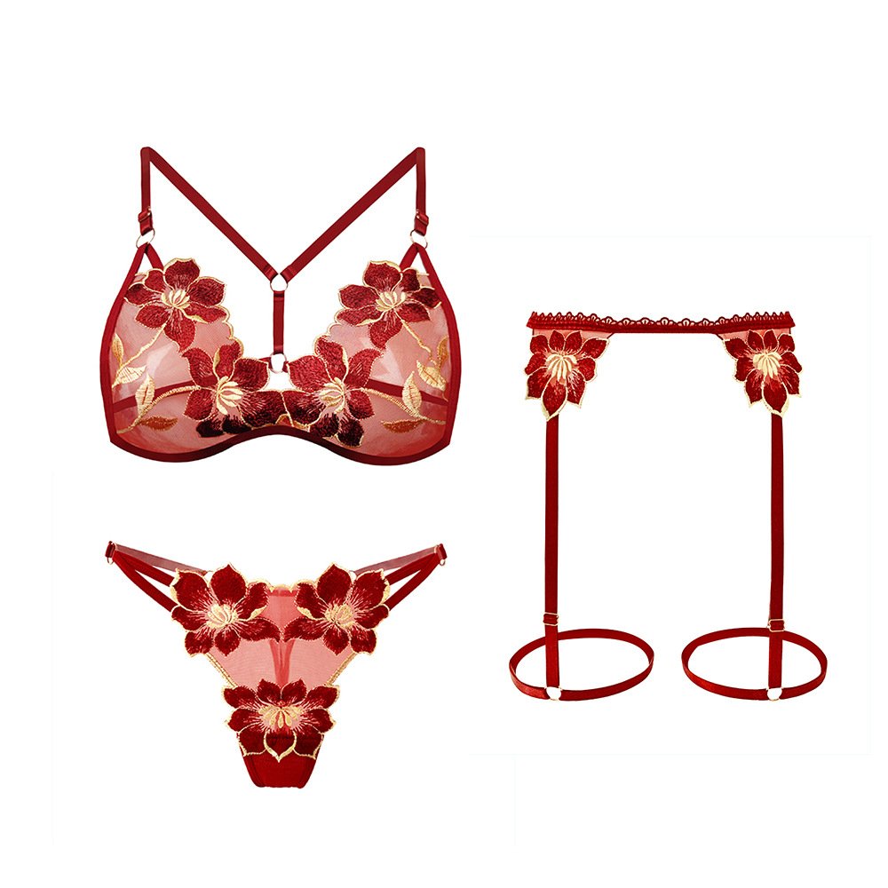Erotic Hot Sheer Embroidered Bra Passion Seduction Sexy Panties Garters 2 Piece Lace Open Crotch Lingerie Set