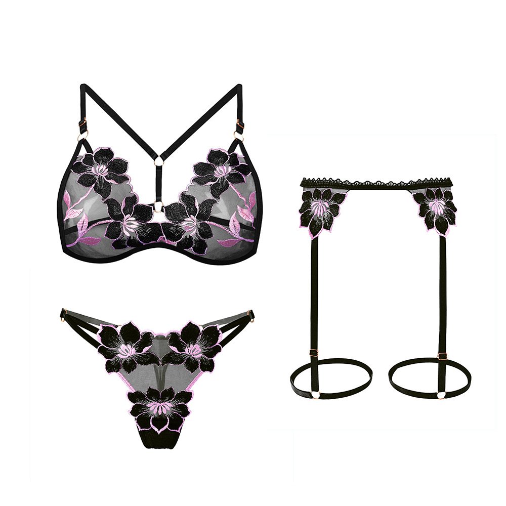 Erotic Hot Sheer Embroidered Bra Passion Seduction Sexy Panties Garters 2 Piece Lace Open Crotch Lingerie Set